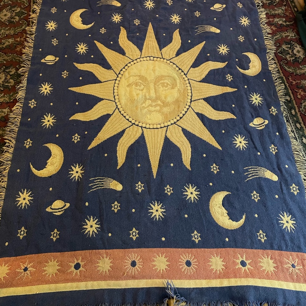 Vintage 90s Cotton Celestial Sun and Moon Tapestry/Throw Rug.